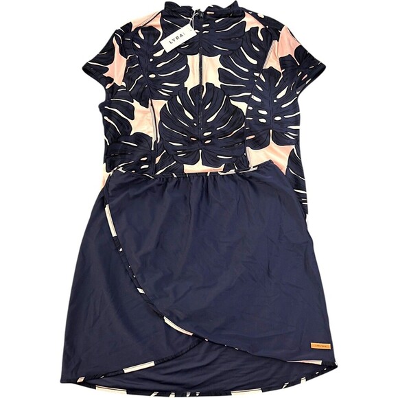 NWT LYRA Swim One Piece w/ Skirt Short Sleeve Swimsuit XXL 2X Modest Blue Pink - Picture 1 of 13